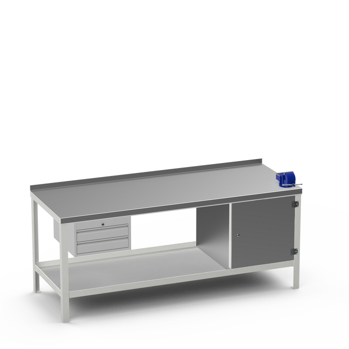 Steel Top Heavy Duty Workbench | 2 Drawer & Enclosed Cupboard & Right 4 Inch Vice
