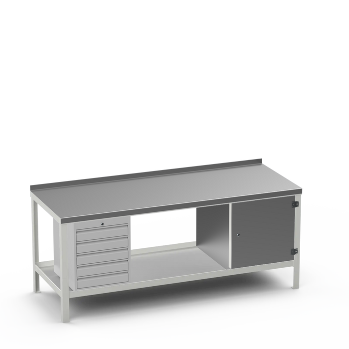 Steel Top Heavy Duty Workbench | 5 Drawer & Enclosed Cupboard Storage