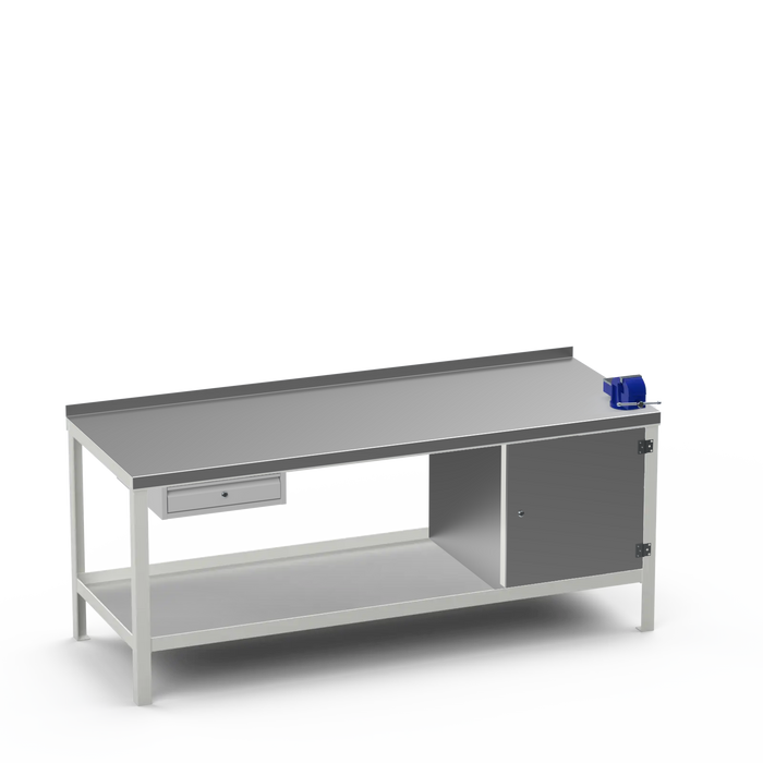 Steel Top Heavy Duty Workbench | Single Drawer & Enclosed Cupboard & Right 4 Inch Vice
