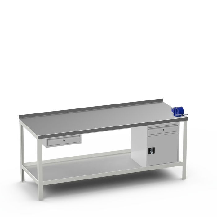 Steel Top Heavy Duty Workbench | Single Drawer & Cupboard w/ Drawer & Right 4 Inch Vice