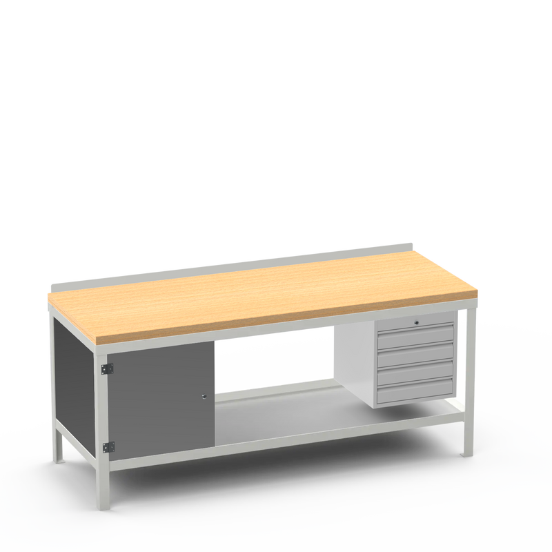 Wood Top Heavy Duty Workbench | Cupboard & 4 Drawer Storage
