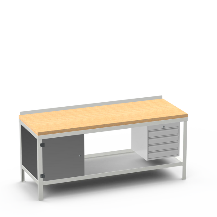 Wood Top Heavy Duty Workbench | Enclosed Cupboard & 4 Drawer Storage