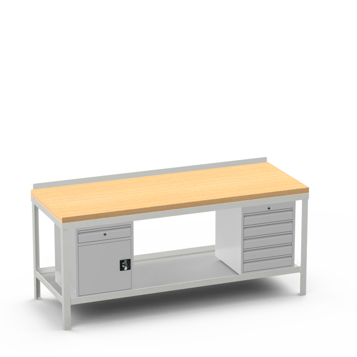 Wood Top Heavy Duty Workbench | Cupboard w/ Drawer & 5 Drawer Storage