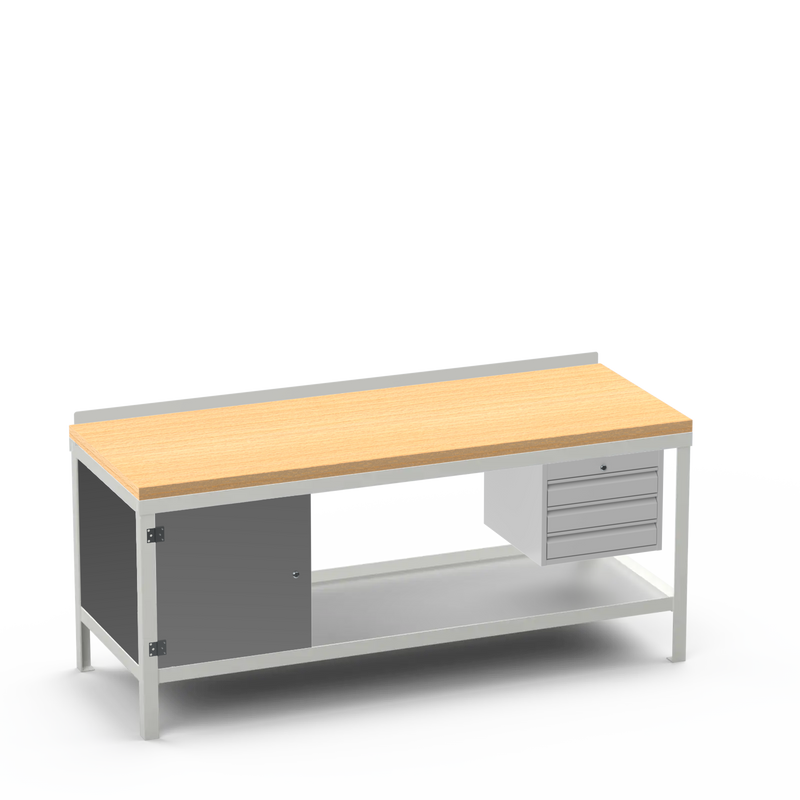Wood Top Heavy Duty Workbench | Cupboard & 3 Drawer Storage