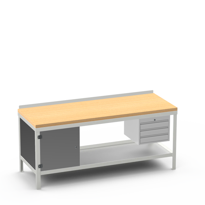 Wood Top Heavy Duty Workbench | Enclosed Cupboard & 3 Drawer Storage