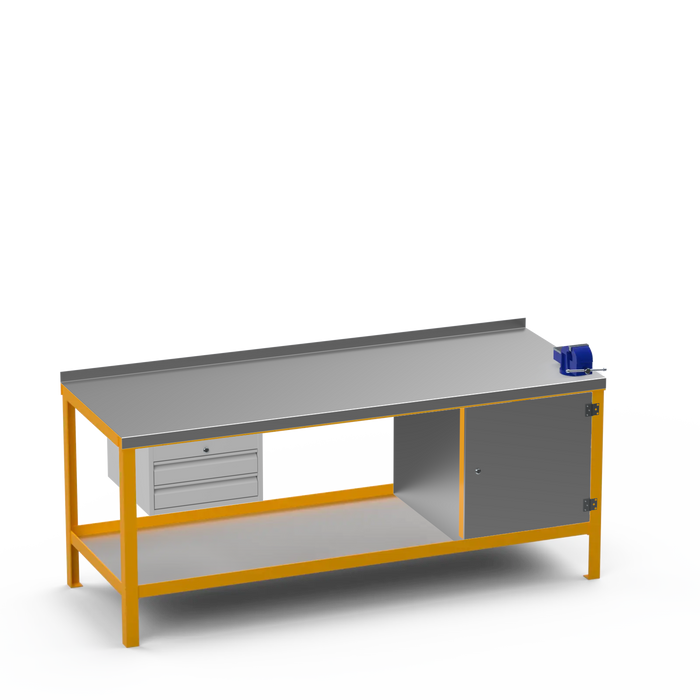 Steel Top Heavy Duty Workbench | 2 Drawer & Enclosed Cupboard & Right 4 Inch Vice