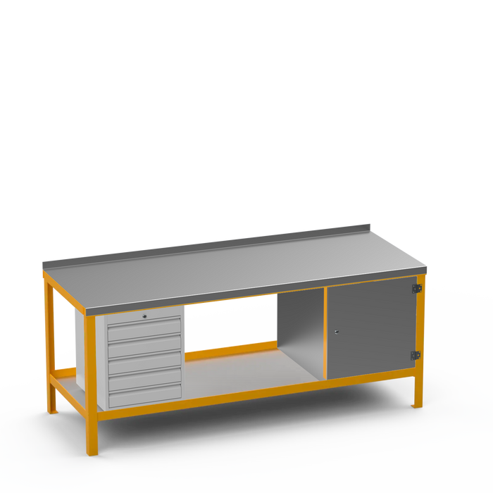 Steel Top Heavy Duty Workbench | 5 Drawer & Enclosed Cupboard Storage