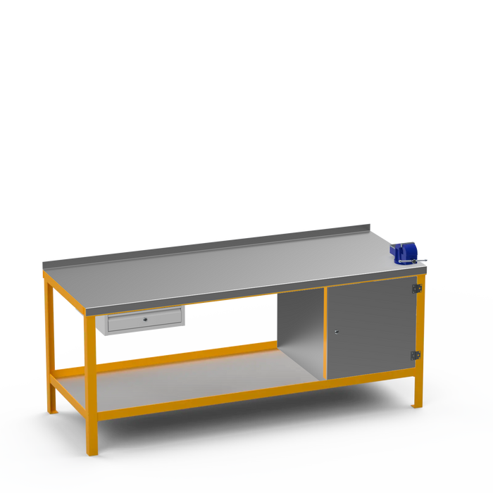 Steel Top Heavy Duty Workbench | Single Drawer & Enclosed Cupboard & Right 4 Inch Vice