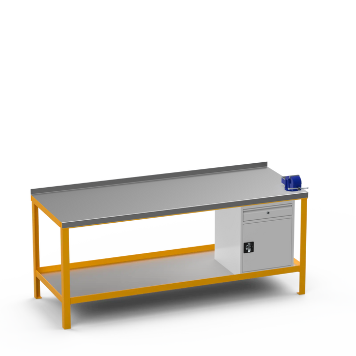 Steel Top Heavy Duty Workbench | Cupboard w/ Drawer & Right 4 Inch Vice Storage