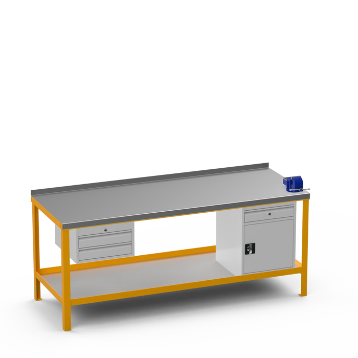 Steel Top Heavy Duty Workbench | 2 Drawer & Cupboard w/ Drawer & Right 4 Inch Vice Storage