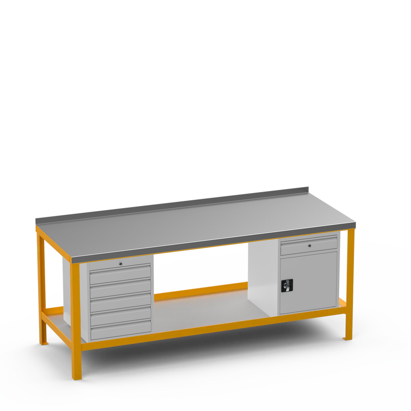 Steel Top Heavy Duty Workbench | 5 Drawer & Cupboard w/ Drawer Storage