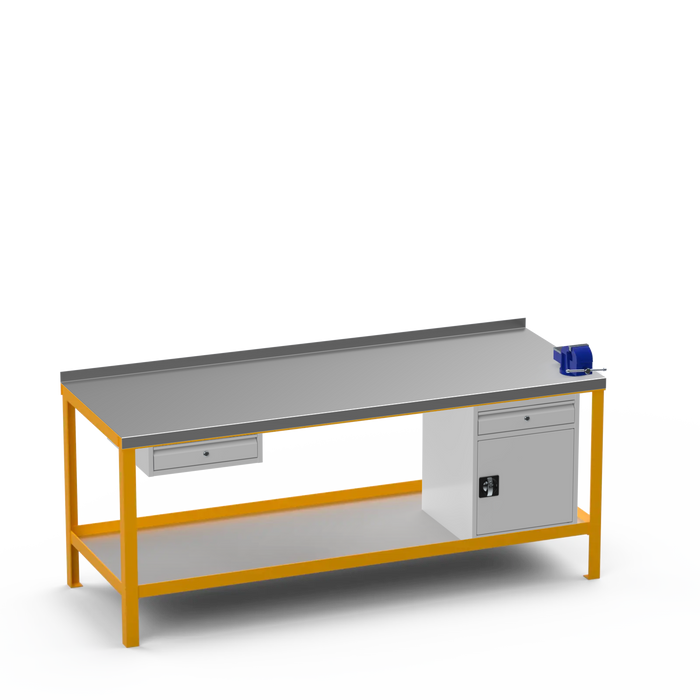 Steel Top Heavy Duty Workbench | Single Drawer & Cupboard w/ Drawer & Right 4 Inch Vice