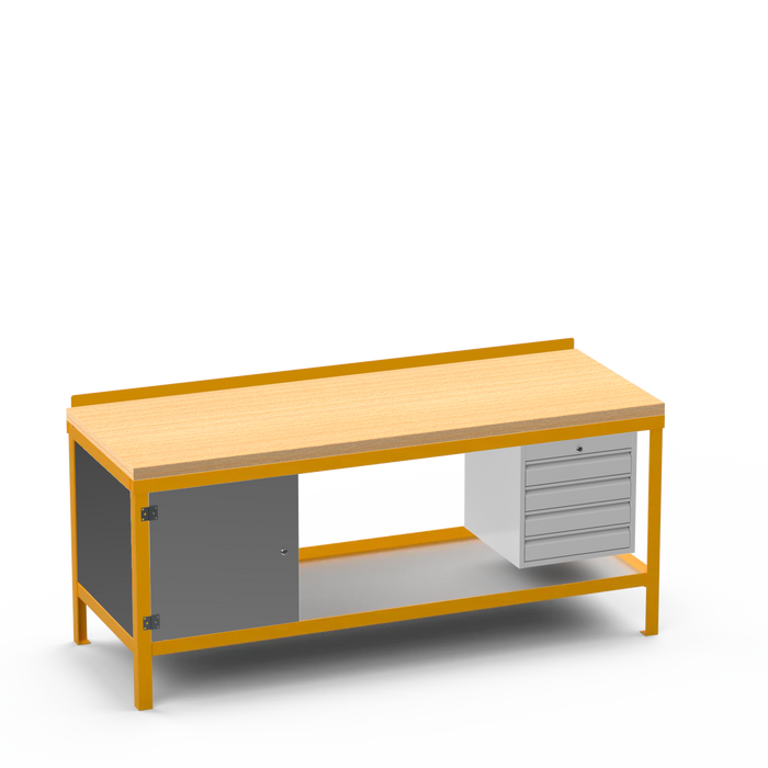 Wood Top Heavy Duty Workbench | Enclosed Cupboard & 4 Drawer Storage