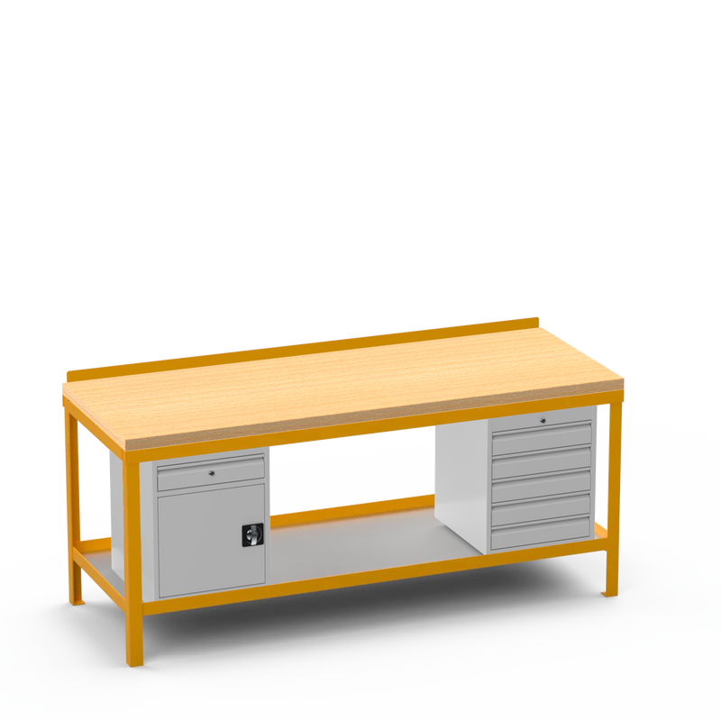 Wood Top Heavy Duty Workbench | Cupboard w/ Drawer Storage & 5 Drawer Storage