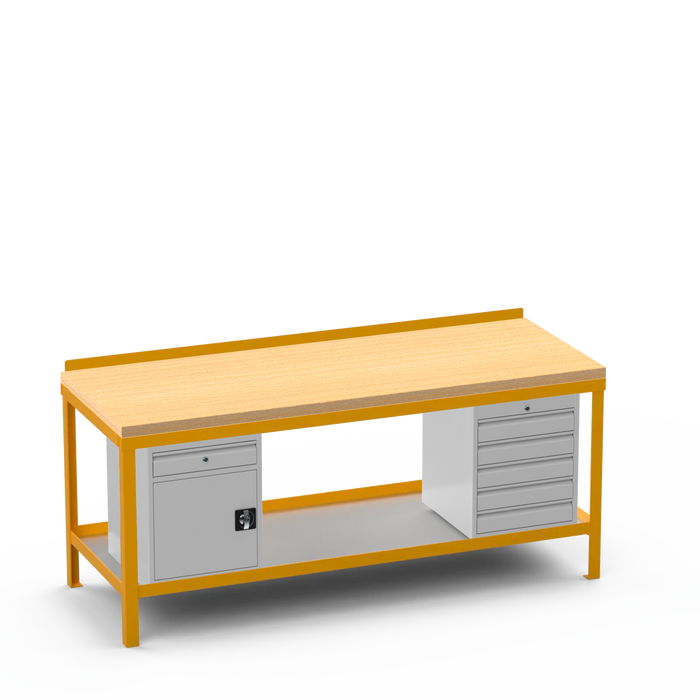 Wood Top Heavy Duty Workbench | Cupboard w/ Drawer & 5 Drawer Storage