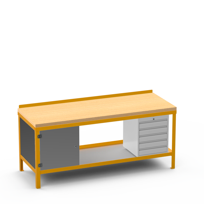 Wood Top Heavy Duty Workbench | Enclosed Cupboard & 5 Drawer Storage