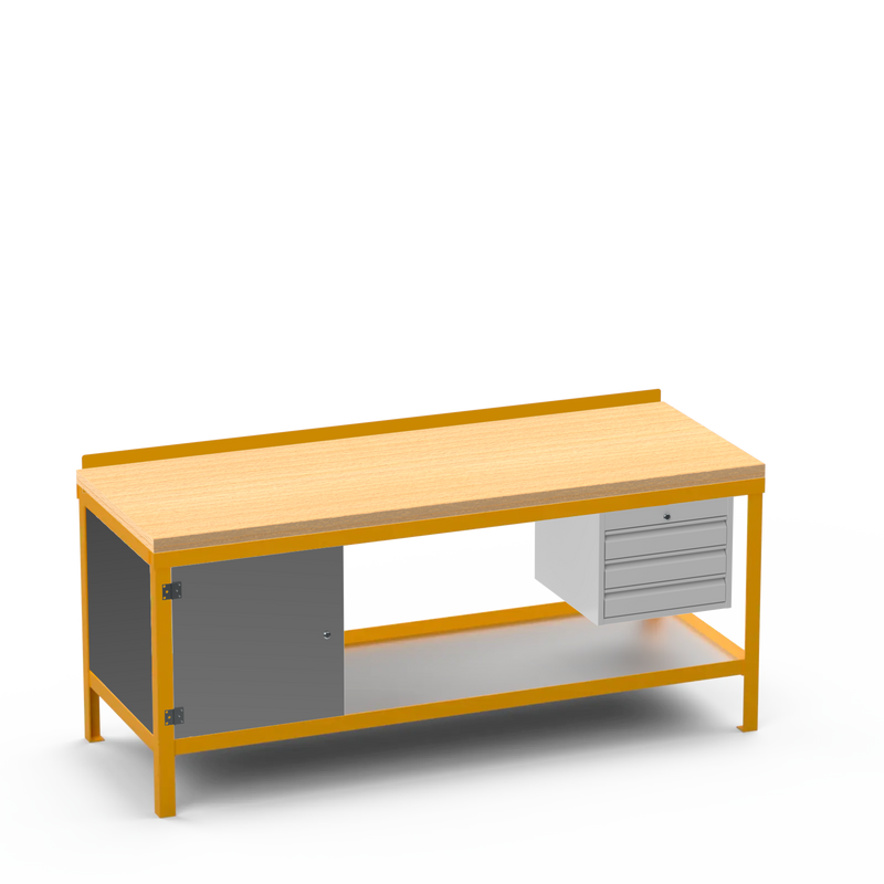Wood Top Heavy Duty Workbench | Cupboard & 3 Drawer Storage