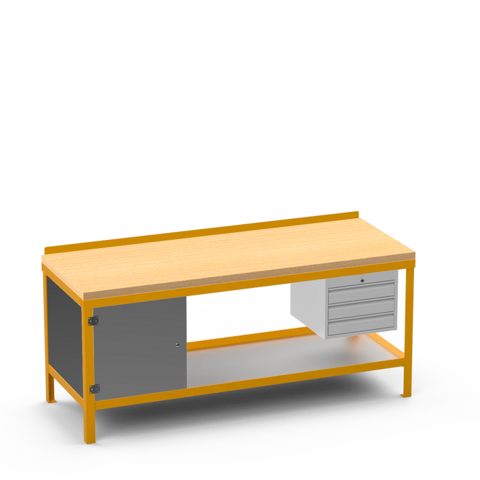 Wood Top Heavy Duty Workbench | Enclosed Cupboard & 3 Drawer Storage