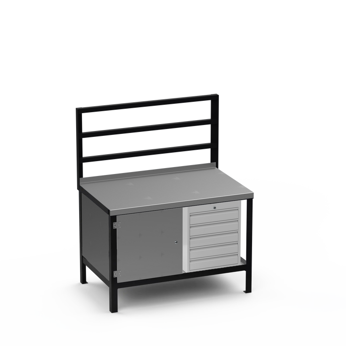 Steel Top Heavy Duty Workbench | Enclosed Cupboard & 5 Drawer Storage
