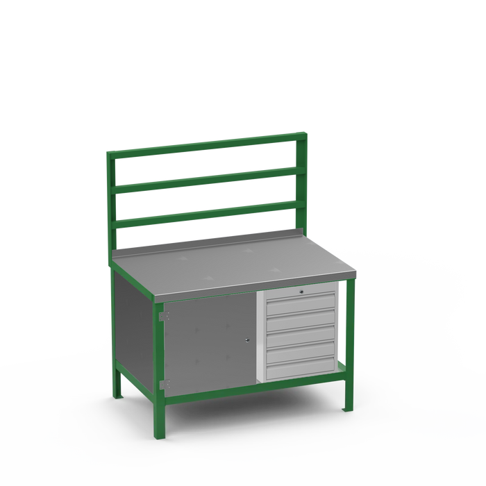 Steel Top Heavy Duty Workbench | Enclosed Cupboard & 5 Drawer Storage