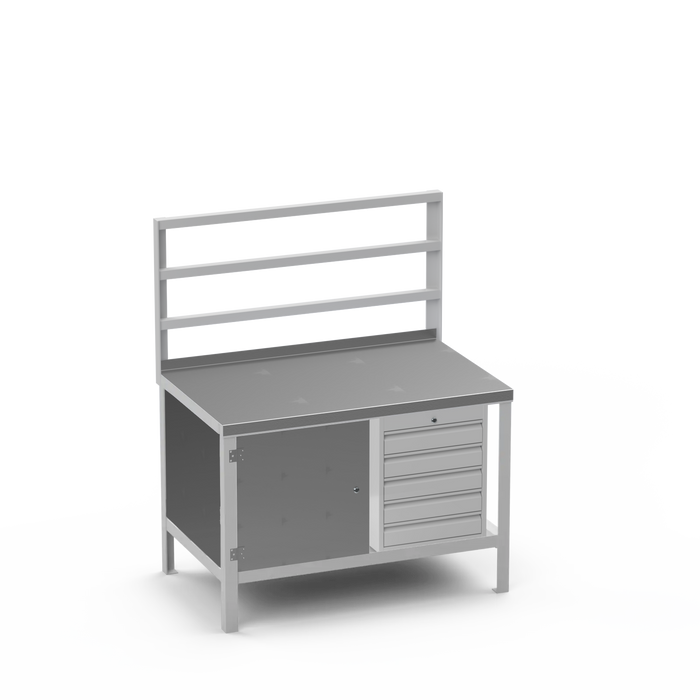 Steel Top Heavy Duty Workbench | Enclosed Cupboard & 5 Drawer Storage