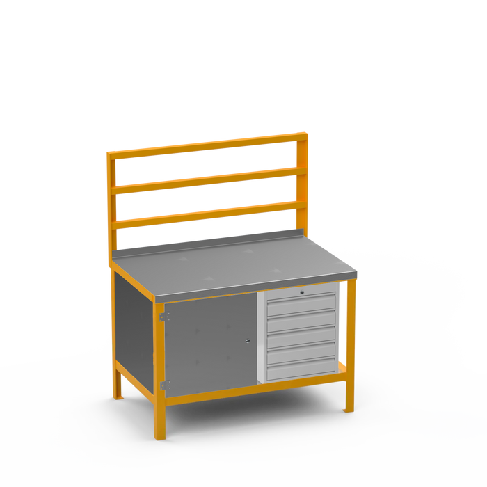 Steel Top Heavy Duty Workbench | Enclosed Cupboard & 5 Drawer Storage