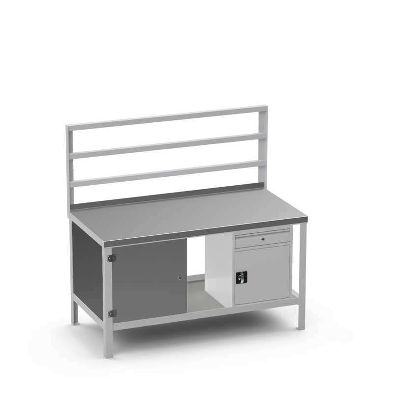 Heavy Duty Steel Workbench with Pegboard Support Rails, Cupboard & Cupboard/Drawer