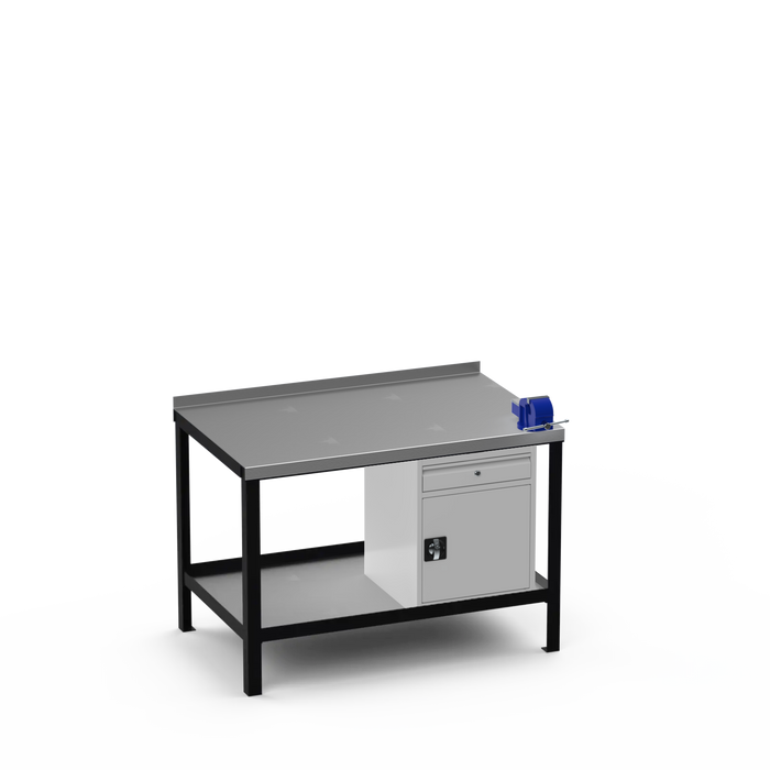 Steel Top Heavy Duty Workbench | Cupboard w/ Drawer & Right 4 Inch Vice Storage