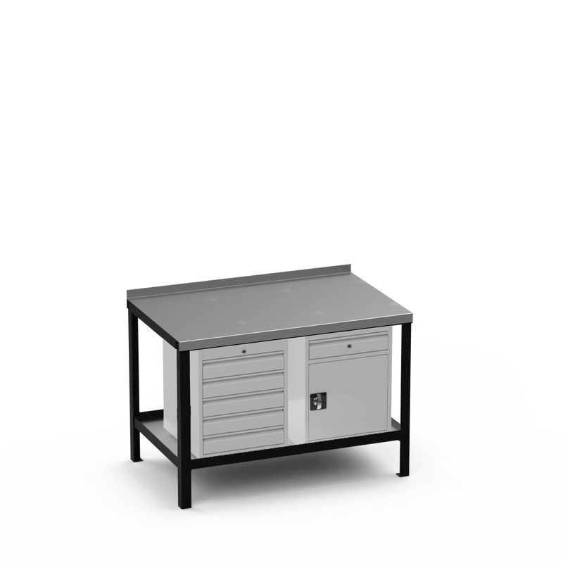 Steel Top Heavy Duty Workbench | 5 Drawer & Cupboard w/ Drawer Storage