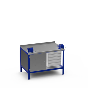 Steel Top Heavy Duty Workbench | Enclosed Cupboard & 4 Drawer & Left 8 Inch Vice & Right 6 Inch Vice Storage