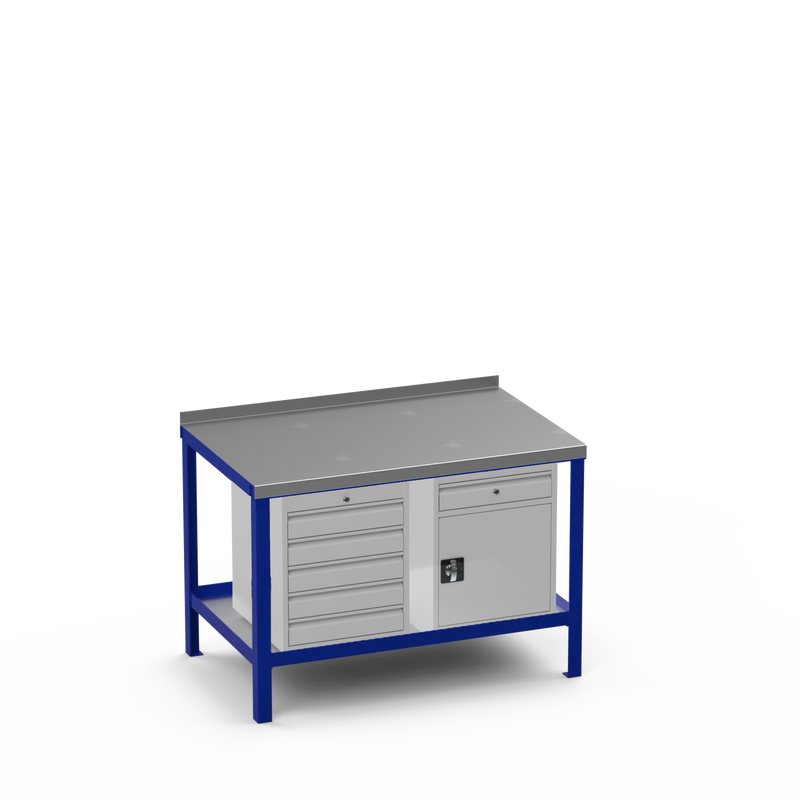 Steel Top Heavy Duty Workbench | 5 Drawer & Cupboard w/ Drawer Storage
