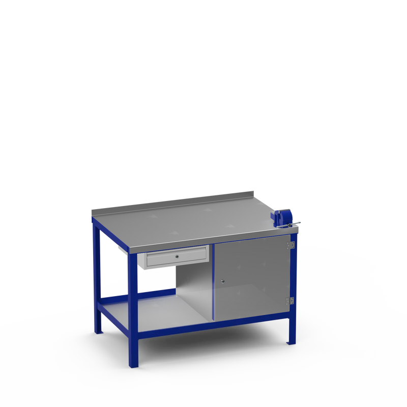 Steel Top Heavy Duty Workbench | Single Drawer & Enclosed Cupboard & Right 4 Inch Vice Storage