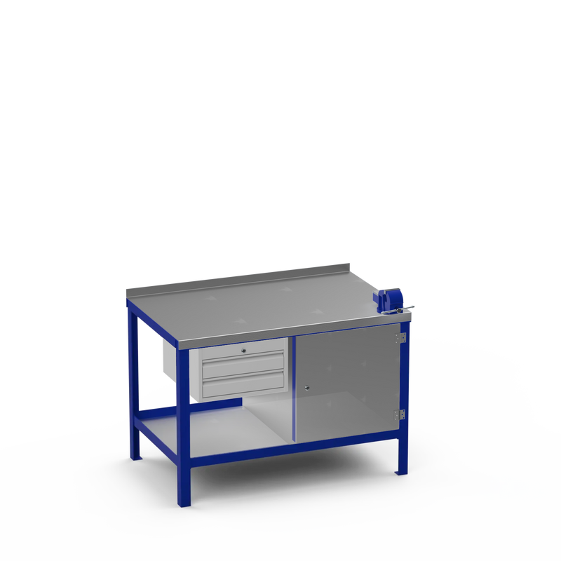 Steel Top Heavy Duty Workbench | 2 Drawer & Enclosed Cupboard & Right 4 Inch Vice Storage