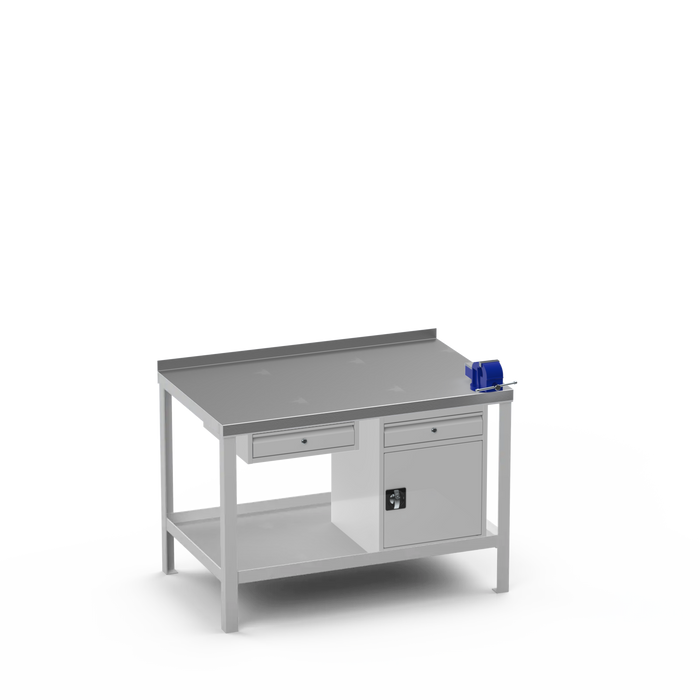 Steel Top Heavy Duty Workbench | Single Drawer & Cupboard w/ Drawer & Right 4 Inch Vice