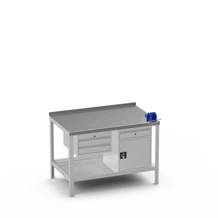 Steel Top Heavy Duty Workbench | 2 Drawer & Cupboard w/ Drawer & Right 4 Inch Vice Storage