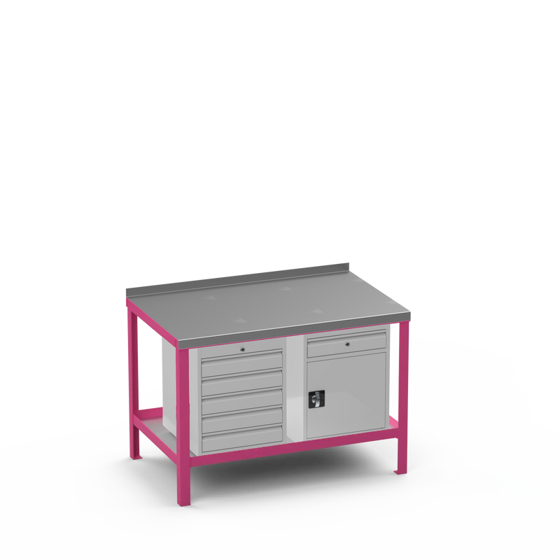 Steel Top Heavy Duty Workbench | 5 Drawer & Cupboard w/ Drawer Storage