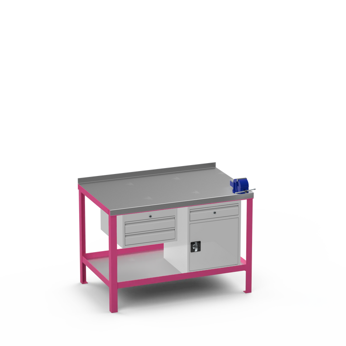 Steel Top Heavy Duty Workbench | 2 Drawer & Cupboard w/ Drawer & Right 4 Inch Vice Storage