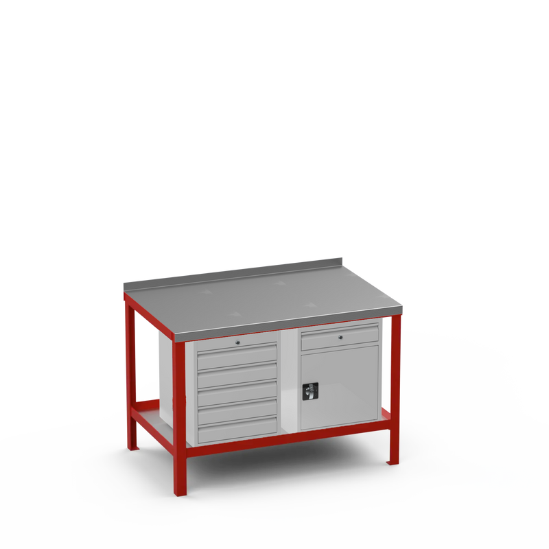 Steel Top Heavy Duty Workbench | 5 Drawer & Cupboard w/ Drawer Storage