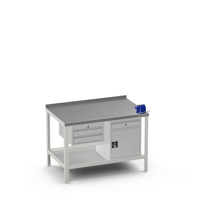 Steel Top Heavy Duty Workbench | 2 Drawer & Cupboard w/ Drawer & Right 4 Inch Vice Storage