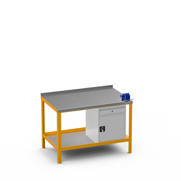 Steel Top Heavy Duty Workbench | Cupboard w/ Drawer & Right 4 Inch Vice Storage
