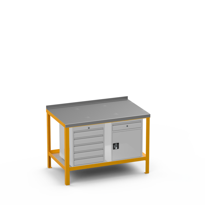 Steel Top Heavy Duty Workbench | 5 Drawer & Cupboard w/ Drawer Storage