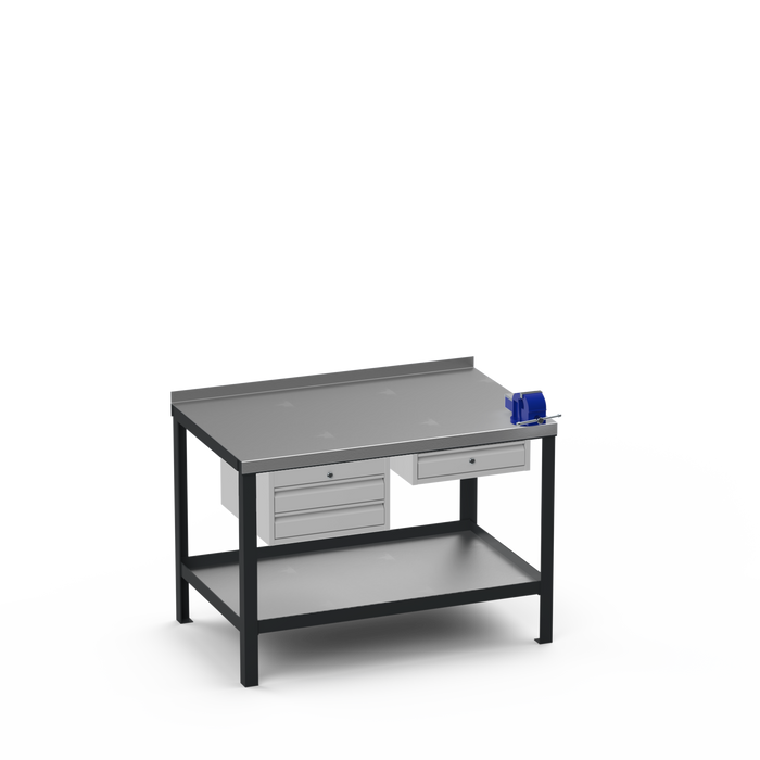 Steel Top Heavy Duty Workbench | 2 Drawer & Single Drawer & Right 4 Inch Vice Storage