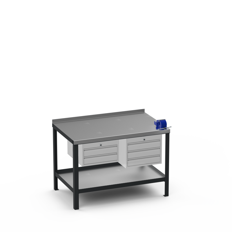 Steel Top Heavy Duty Workbench | 2 Drawer Storage Unit & 3 Drawer Storage Unit & 4 Inch Bench Vice