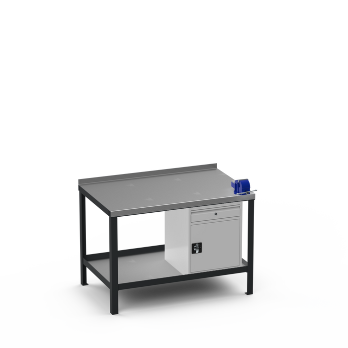 Steel Top Heavy Duty Workbench | Cupboard w/ Drawer & Right 4 Inch Vice Storage