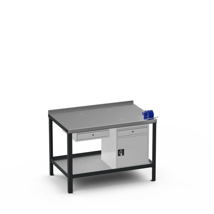 Steel Top Heavy Duty Workbench | Single Drawer & Cupboard w/ Drawer & Right 4 Inch Vice
