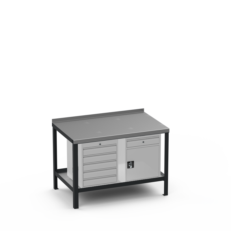 Steel Top Heavy Duty Workbench | 5 Drawer & Cupboard w/ Drawer Storage