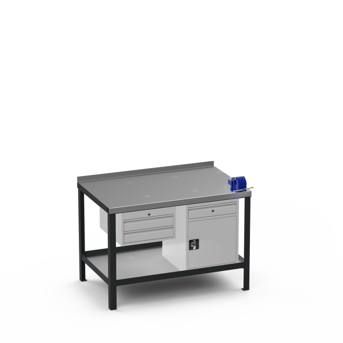 Steel Top Heavy Duty Workbench | 2 Drawer & Cupboard w/ Drawer & Right 4 Inch Vice Storage