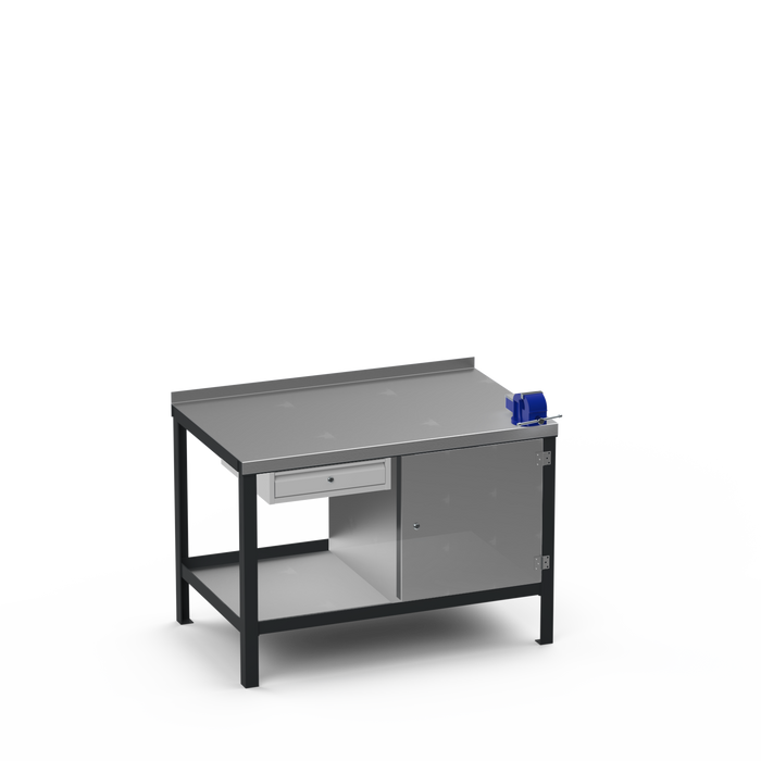 Steel Top Heavy Duty Workbench | Single Drawer & Enclosed Cupboard & Right 4 Inch Vice
