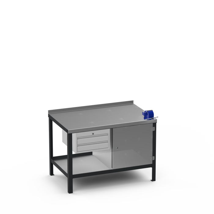 Steel Top Heavy Duty Workbench | 2 Drawer & Enclosed Cupboard & Right 4 Inch Vice