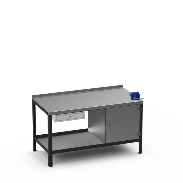 Steel Top Heavy Duty Workbench | Single Drawer & Enclosed Cupboard & Right 4 Inch Vice